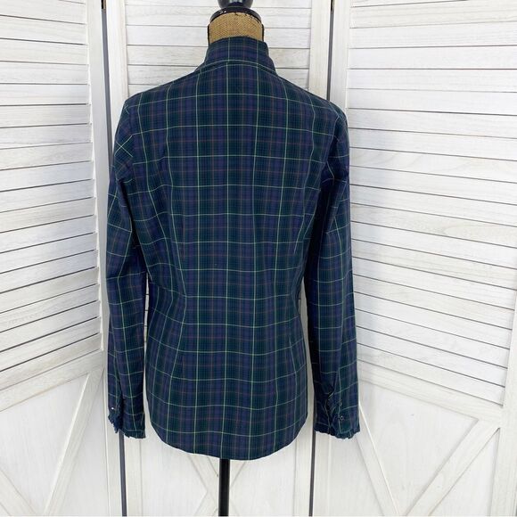 Tommy Hilfiger Plaid Ruffle Cuff Trim Button Front Shirt Green Navy Medium - Picture 4 of 15